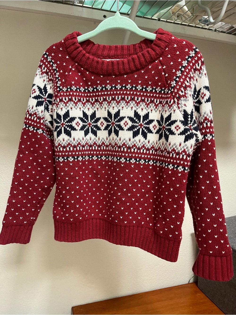Old Navy Red Fair Isle Crewneck Sweater with White and Navy Accents